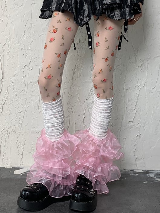 Lace Sleeves Multi-layered Trim Y2K WhitePink Leg