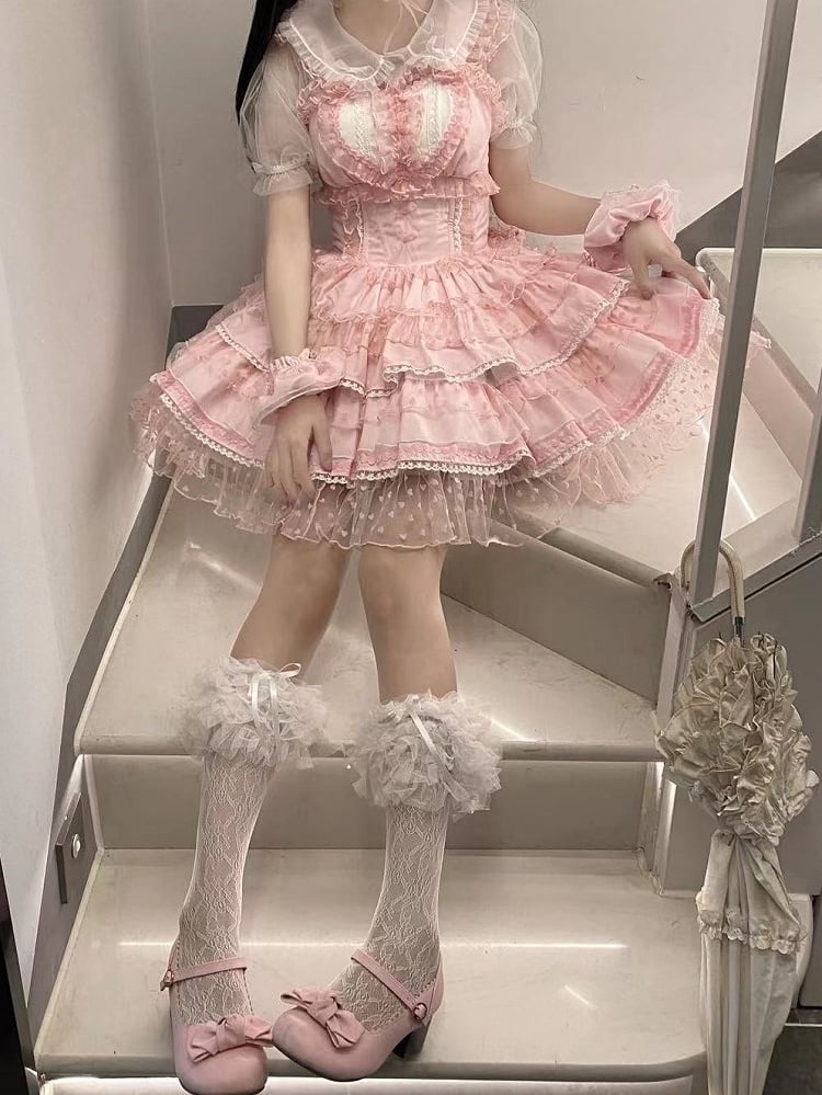 Pink Pattern Polka-dot Heart Sweet Ruffled Heart Front Lolita Dress