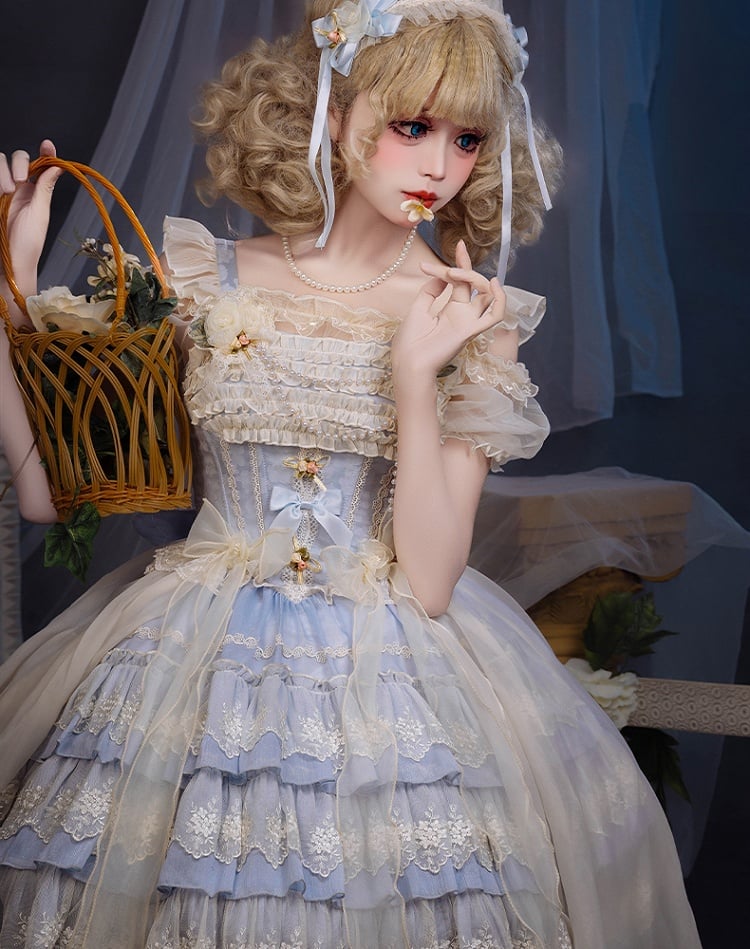 Accents Jacquard Blue Rosette Tiered Balletcore Sweet Lolita Dress Jumper Skirt Fabric