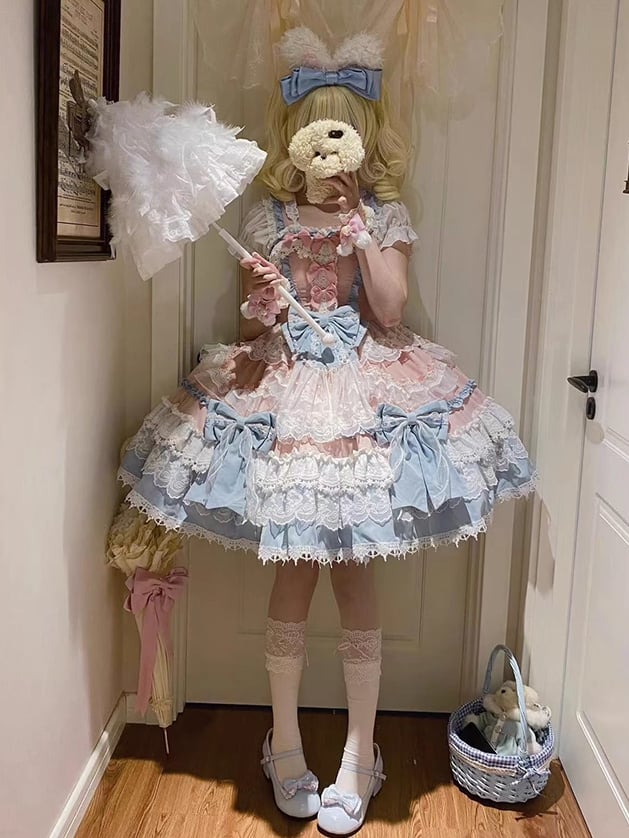 Sweet Lolita Details Bead Pink Detachable Princess Bows Blue and Dress