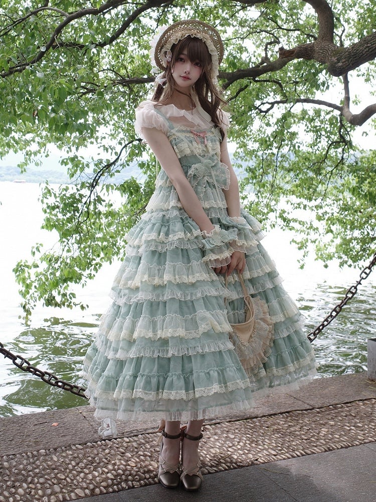 Goldfish Adjustable Dress and Green with Straps Lolita Embroidery Ruffle Multi-Layered Sweet