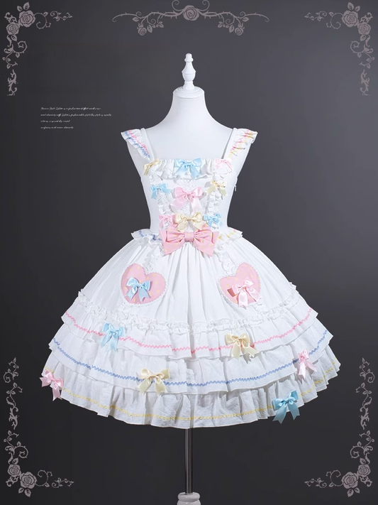 Macaron Color Bowknots White JSK Sleeves Tiered Sweet Lolita Dress Flutter Skirt
