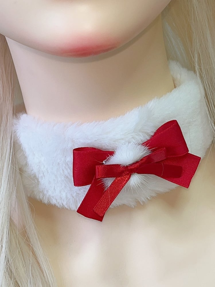 Schwarz-weißes Plüschhalsband mit Schleife