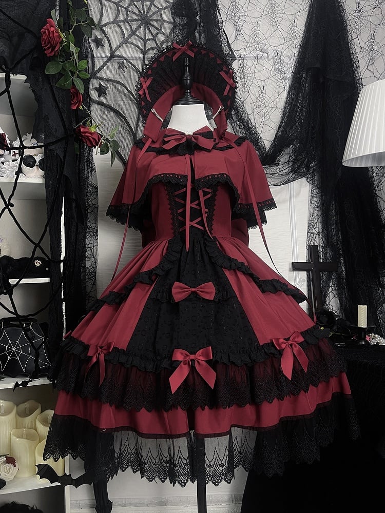 赤と黒のオールドスクールロリータファッションドレス蝶結びJSKセット