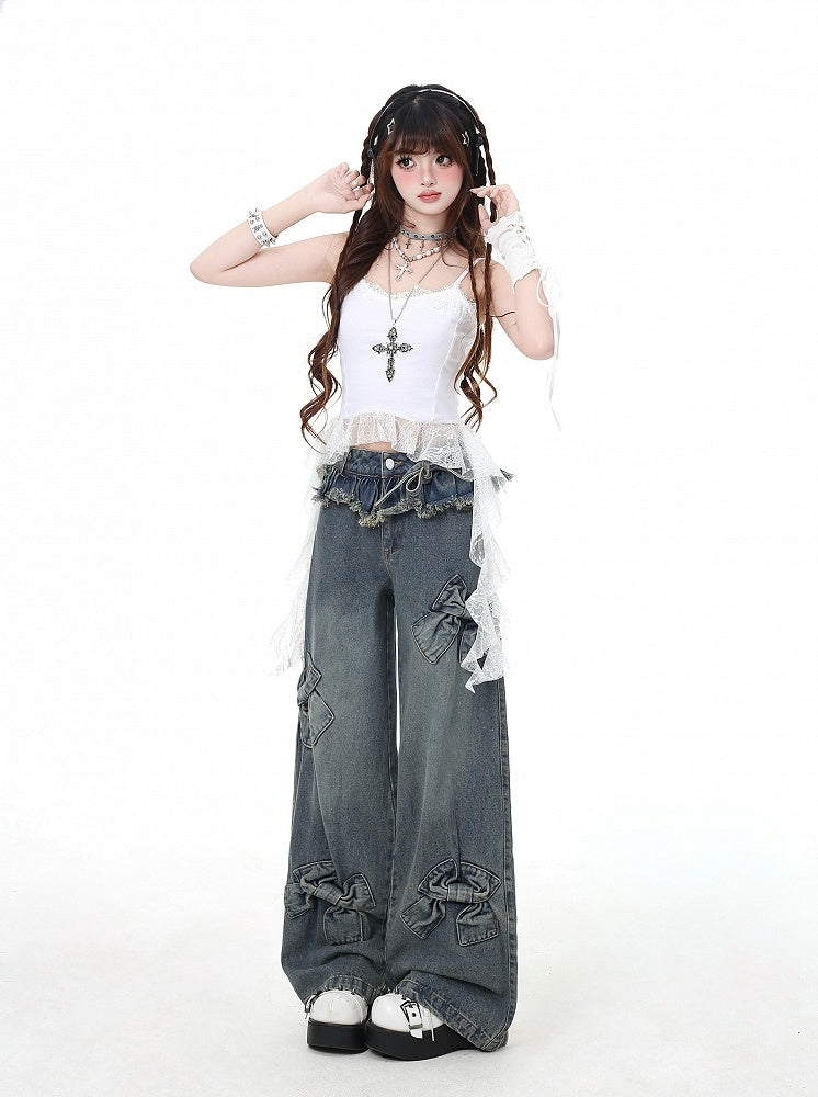 Blue Big Bows Raw Hem Wide-Leg Jeans