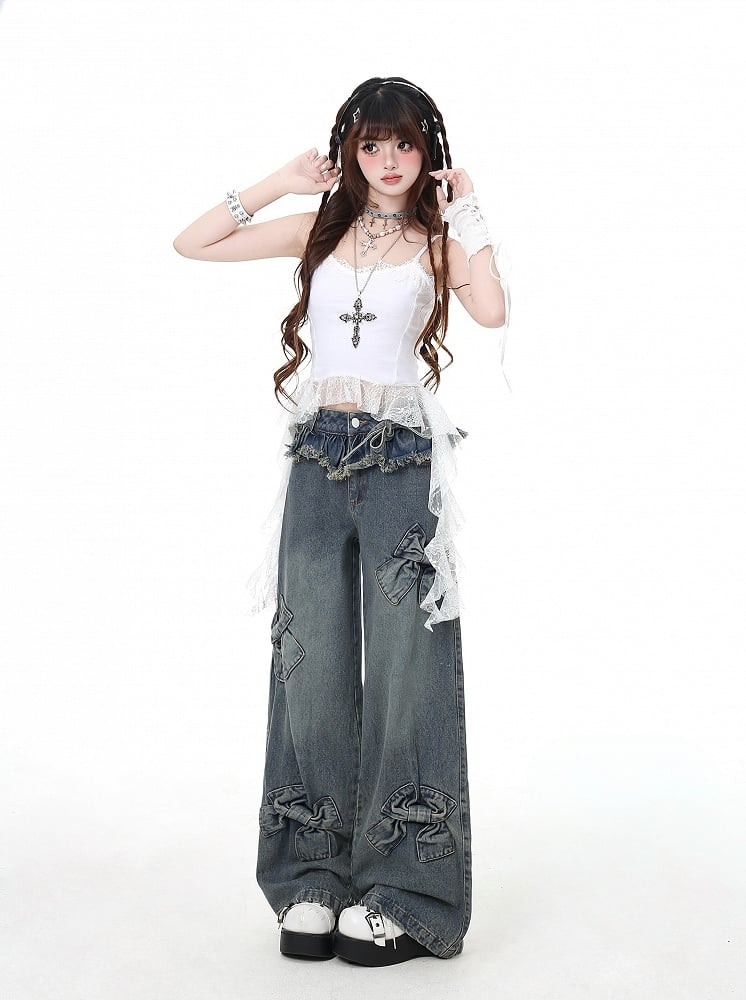 Blue Big Bows Raw Wide-Leg Jeans Hem