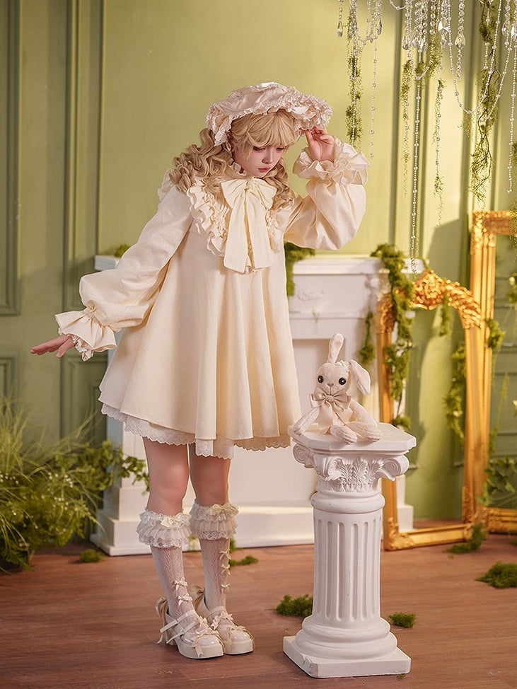 High Dress Bow Ruffled Sleeves Big Long Beige Sweet Cotton Lolita Neck
