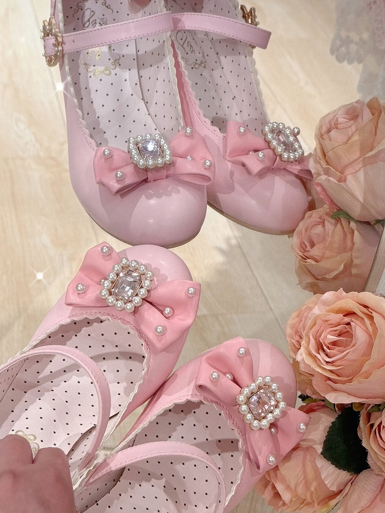 Schuhe Janes Bowknot Strass verziert und rund Mary Lolita Details Perlen Zehen rosa