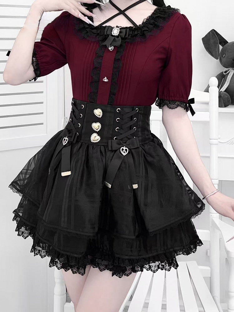 Wine Rhinestones Red Square Neckline Jirai Kei Blouse with Pleating Details  Heart