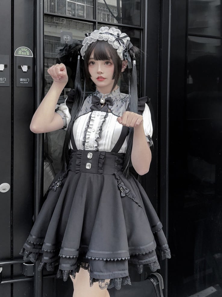 Tiered with at Back Skirt Sleeves Jirai Kei Black Overalls Embellished Bow Flutter Big Rhinestones