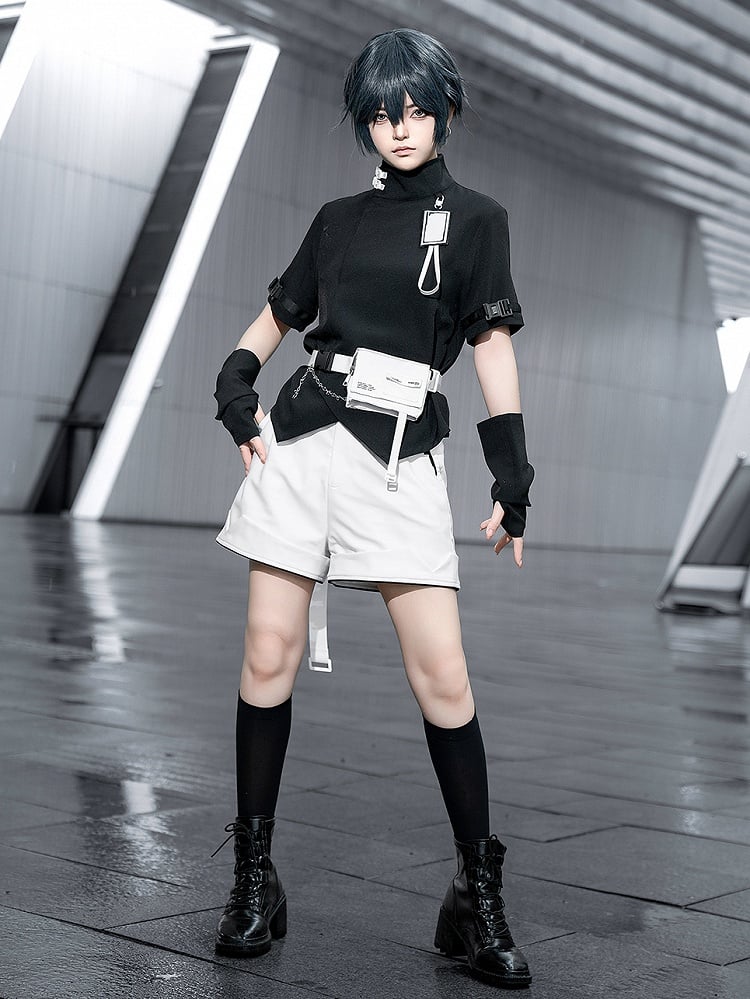 Techwear Fashion Neck Short Ouji Futuristic High Sleeves Top Black