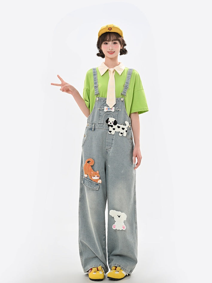 Hellblaue hohe entzückende Tierapplikationen Denim-Overalls