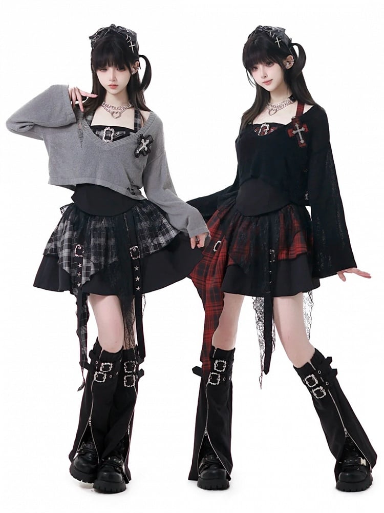 Plaid Adjustable Idol with Red/Black Top Black Panel Cami Y2K - Buckle Self-Tie Halter