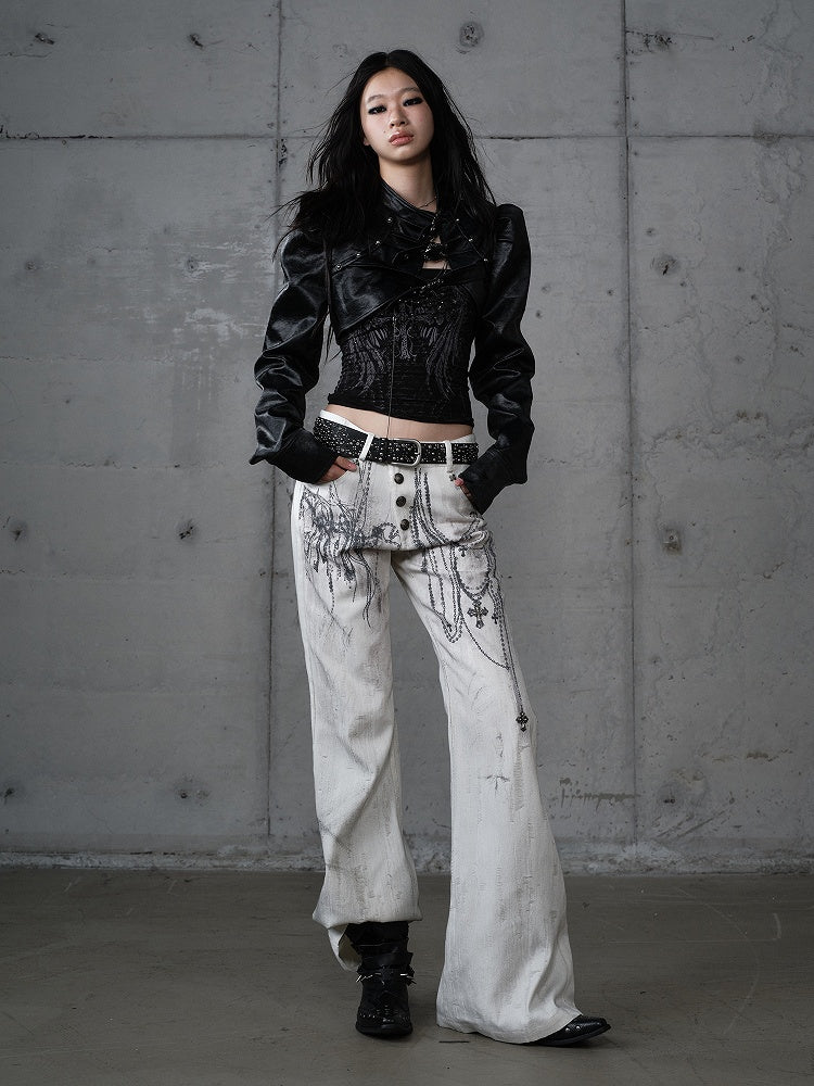 with Chain Studs Print Punk Cross Pants Button-Up Wide-Leg Fly White