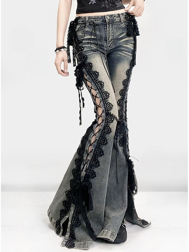 Trim Jeans Lace Blue Bittersweet Detail Flare Glamorous Side Silhouette Lace-up