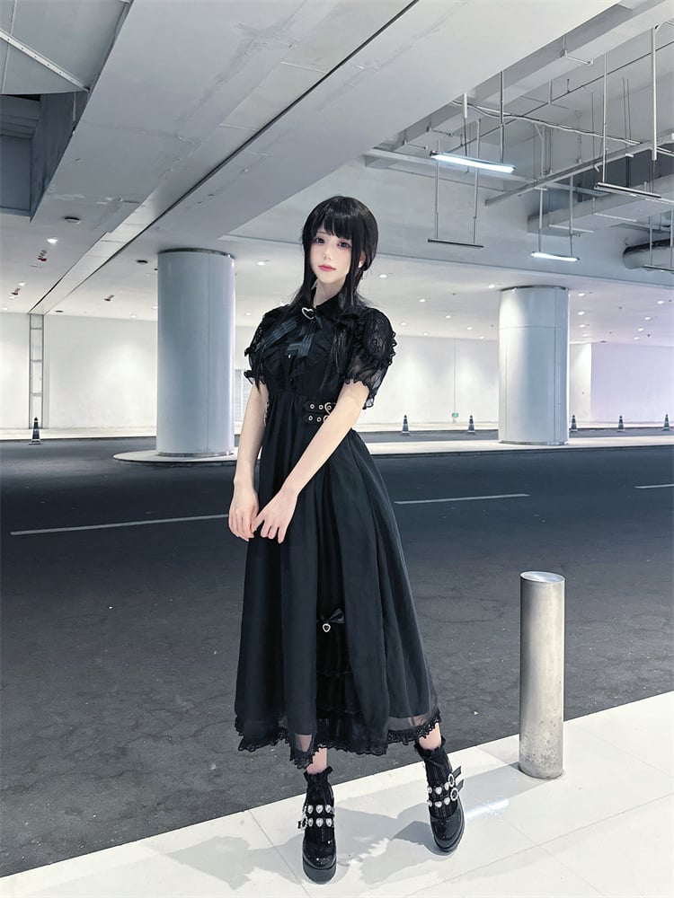 Saum Rüschen Stufenkleid Jirai Kei Schwarz Chiffon Herz Schnallen Taille