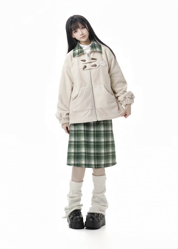 Apricot Horn Button Design Fleece Coat+Pompons Scarf+ Vest