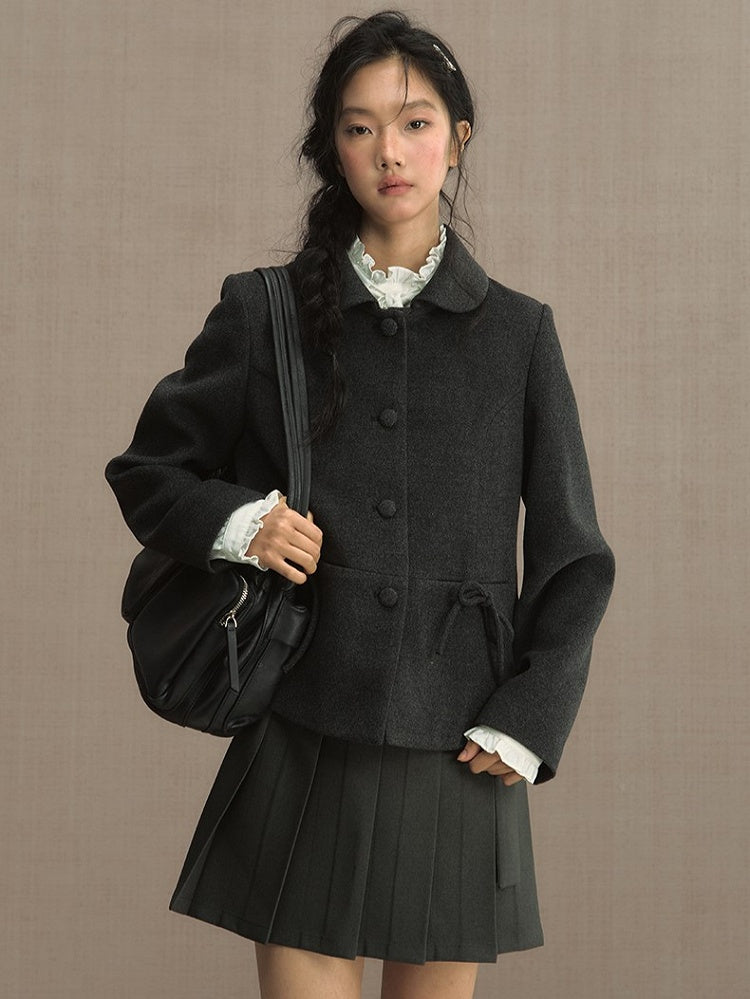 Dark Gray Peter Pan Collar Blazer with Bow Accent