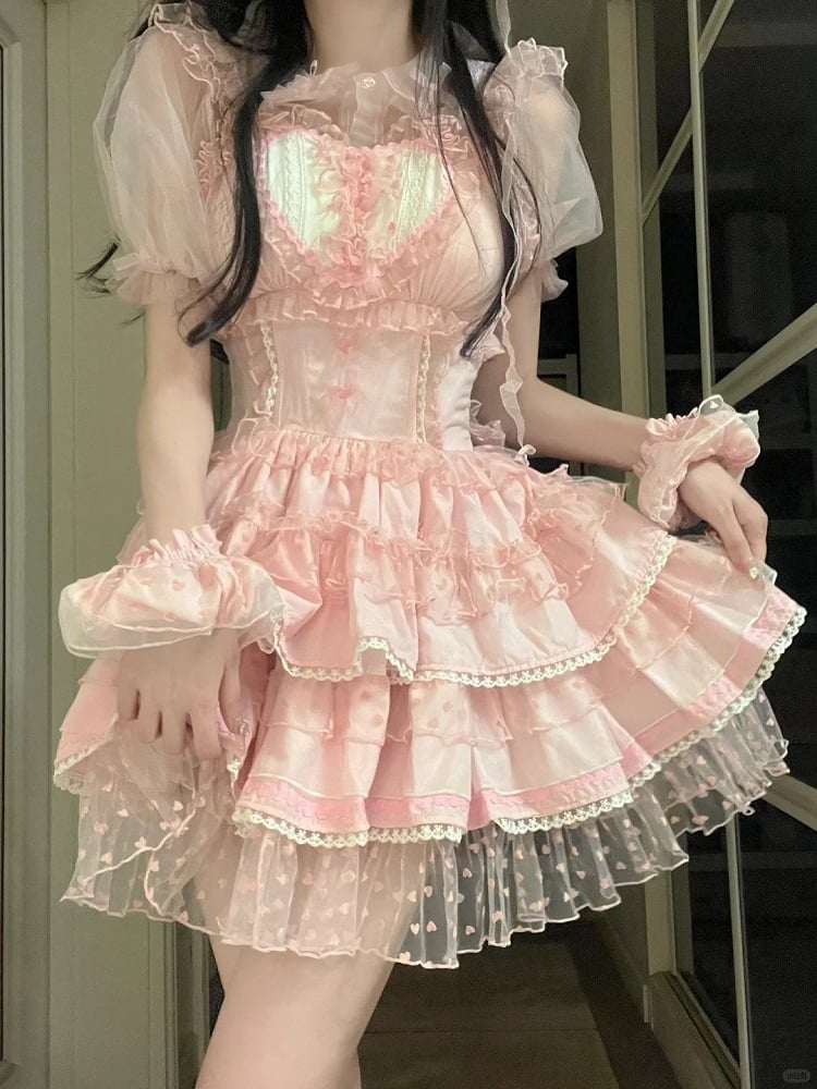Pink Pattern Polka-dot Heart Sweet Ruffled Heart Front Lolita Dress