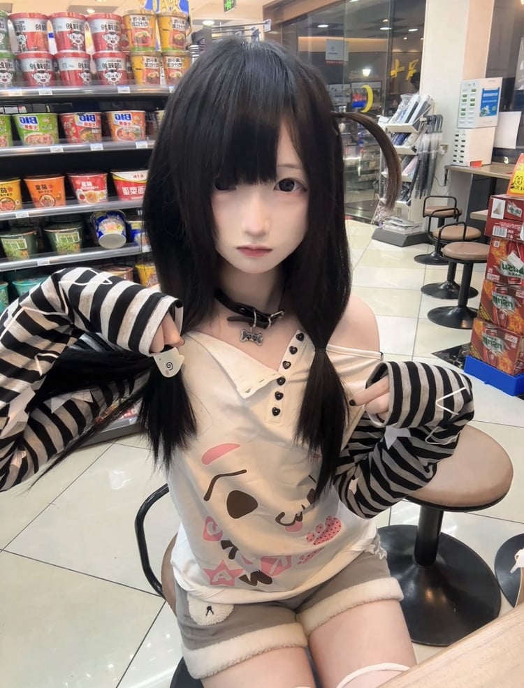 Asymmetric Striped White Partial Heart Buttons Sleeves Top: Neckline Shaped Starry Alt-Kawaii
