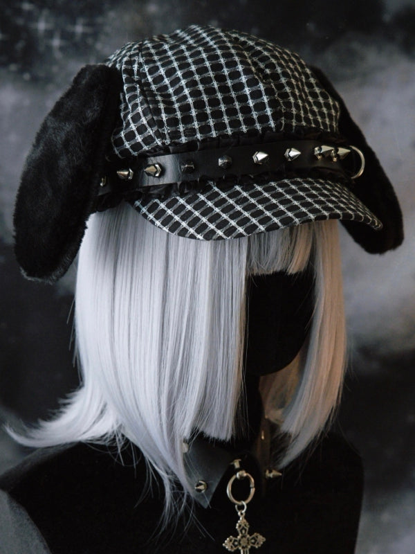 Verzierte Welpen Baskenmütze Hut Nieten Design Plüsch Ohr Schnalle Schwarz Gothic