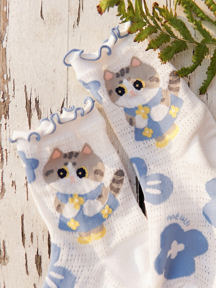 Süßes Socken-Set mit Katzen-Print und Cartoon-Motiv