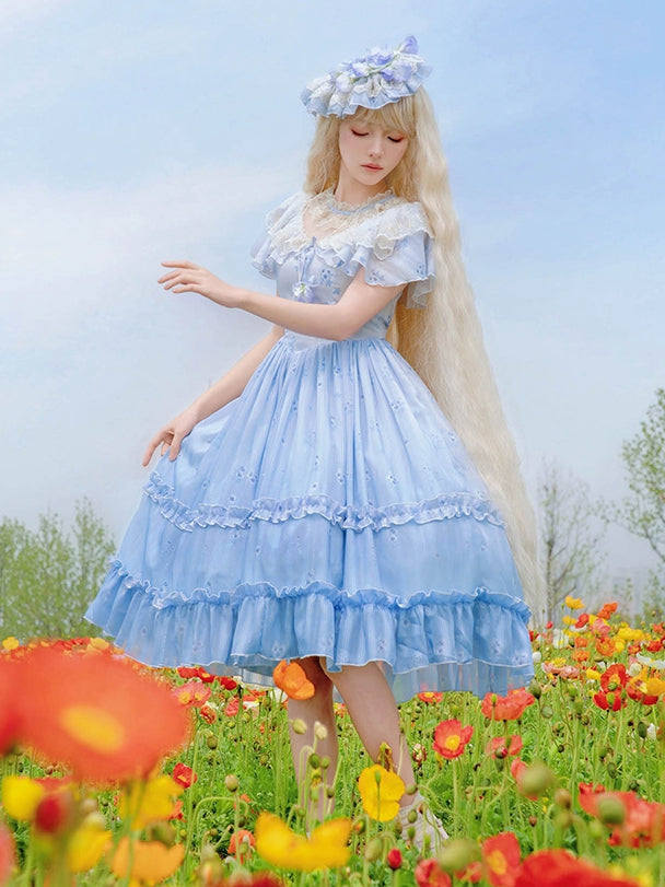 Hals Blau Stiefmütterchen Print Lolita Kleid Elegant Edward