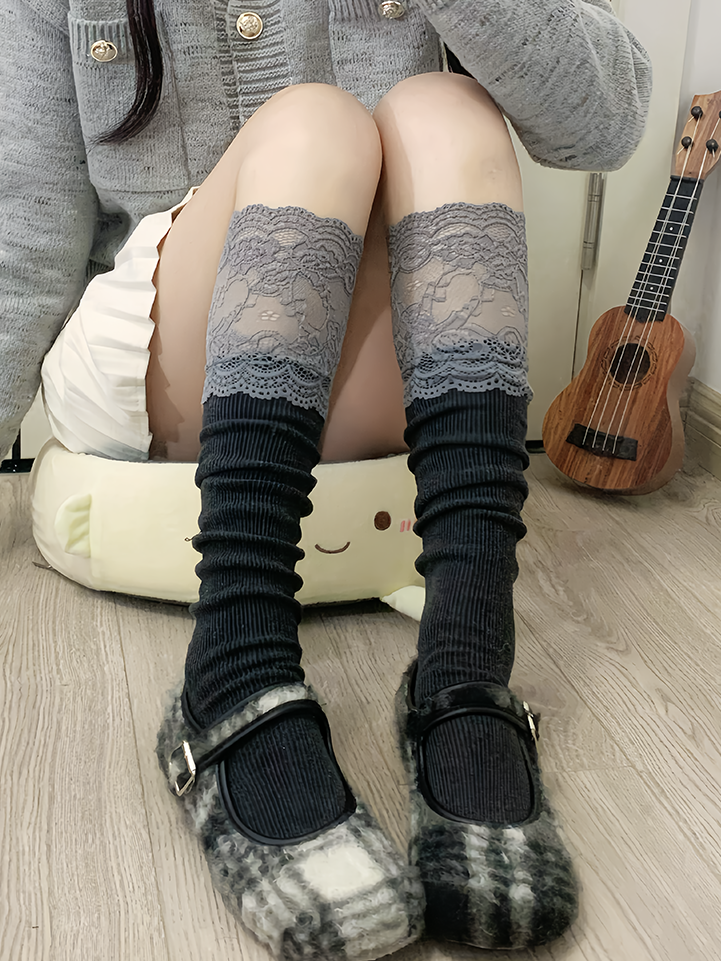 Chaussettes mollet blanches/grises/noires avec bordure en dentelle douce
