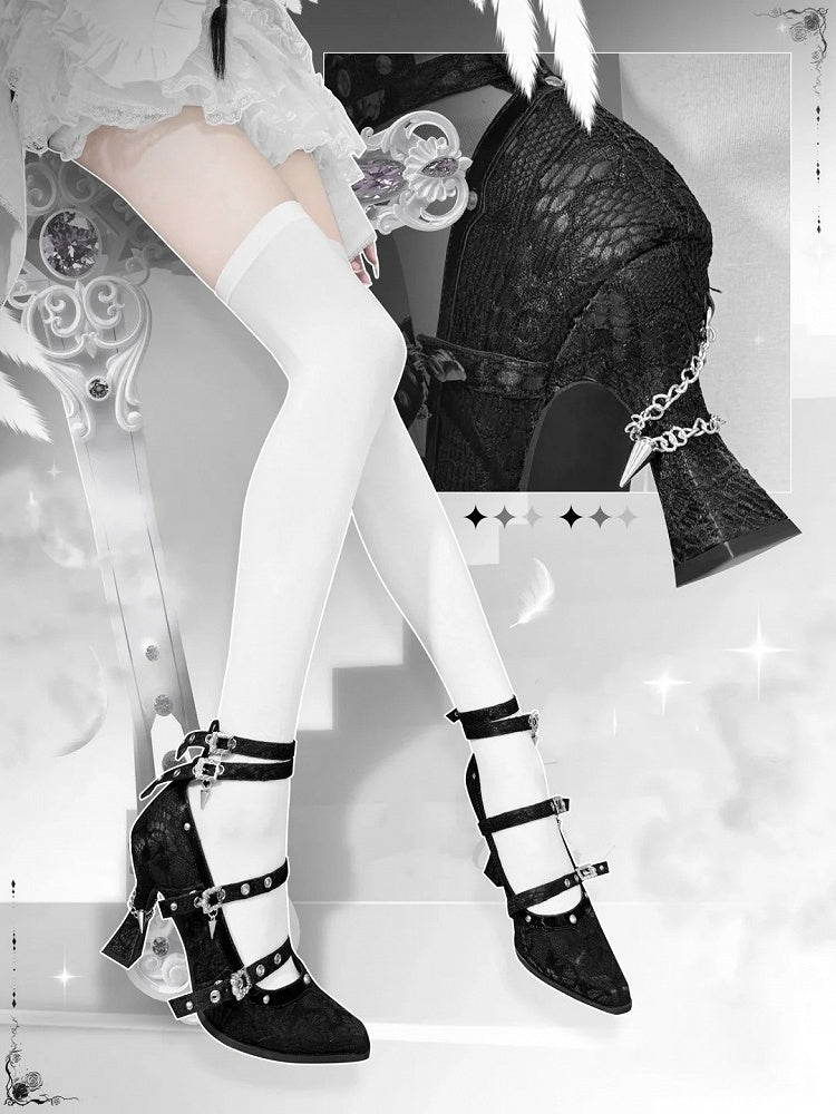 Gothic Black Pointed Toe Lace 8.5cm High Heels Multiple Buckle Straps