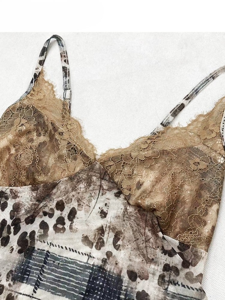Trim Leopard Pattern Cami Top Y2K V-neck Patches + Contrast Brown Lace