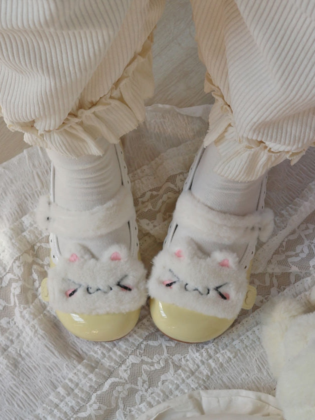 Schuhe Weiß PU Plushie Taste Süße Flache Design Kitty Gelb Snap