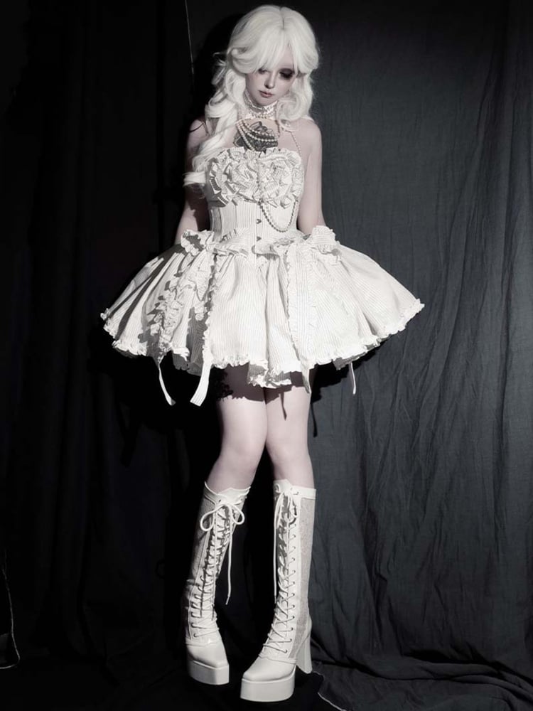 Gothic White Front Lace-up Ties Lace Platform High Block Heel Knee-high Boots