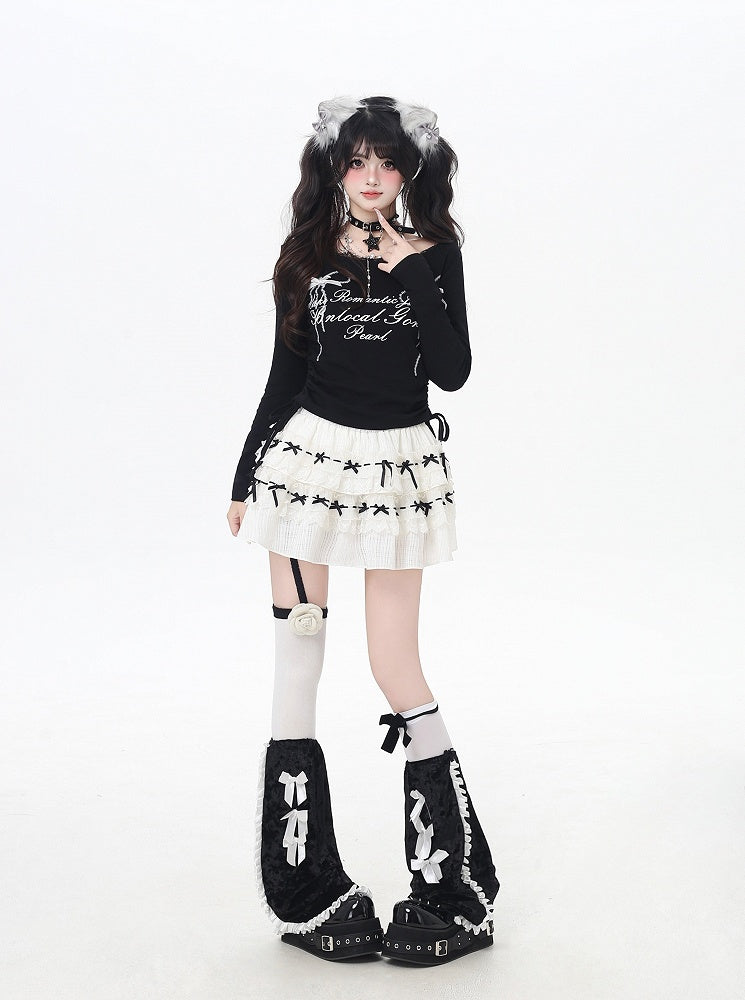 Bowknot Print Lace Sweet Top Trim Drawstring Waist White/Black