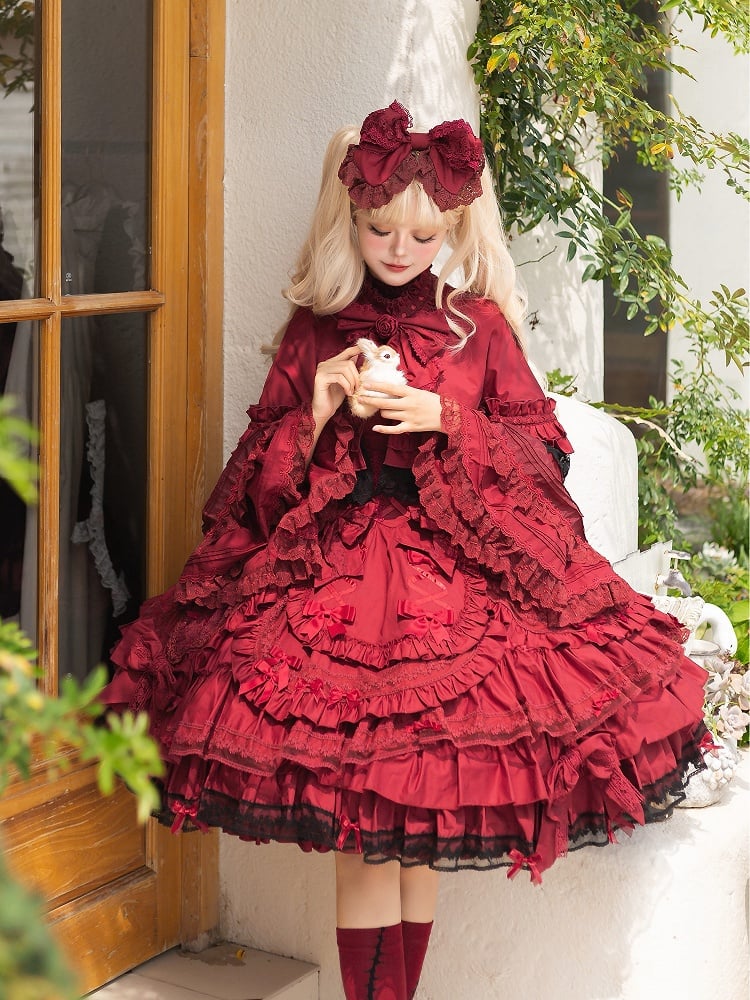 Sleeves Bust + Blouse Bell Gothic - Cape JSK Lolita Wine Set Under Full Red Dress