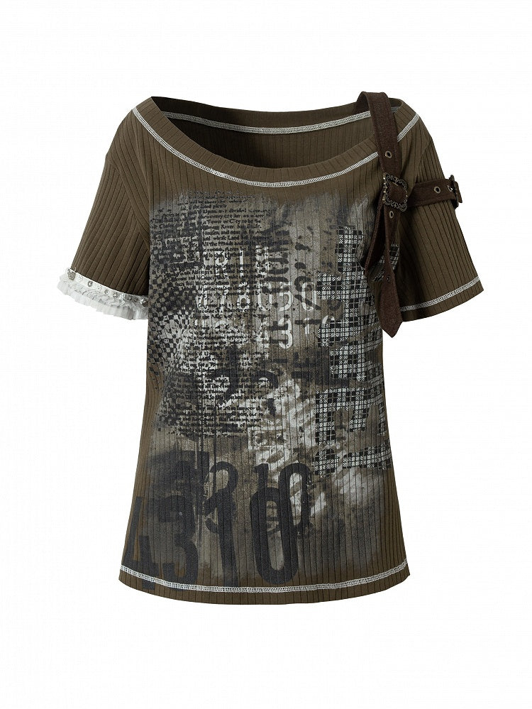 Green Military Steampunk Newspaper Straps Buckle Print Knit with T-shirt