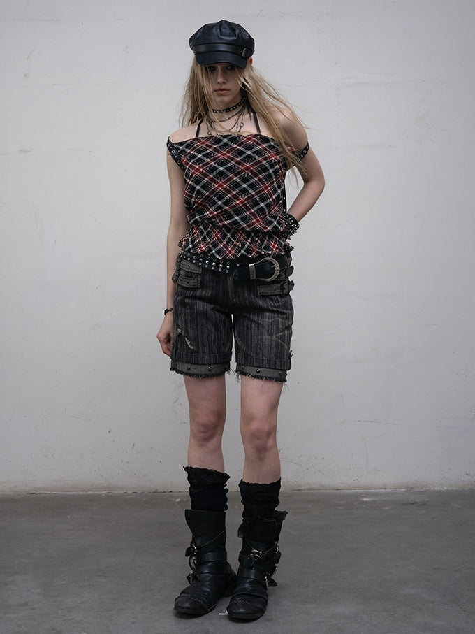 Black Details Shorts Wash Punk Wasteland Decorated Buckle Faded Studs