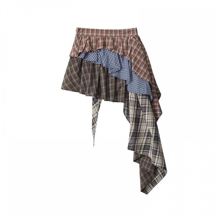 Tiered Skirt Red Asymmetrical Hem Vintage Plaid