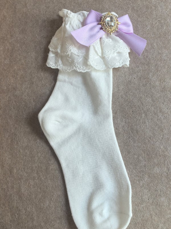 White Calf Ruffled Jirai Cuff Kei Bowknot Pink/Blue/Purple/White/Black/Beige Socks With Details