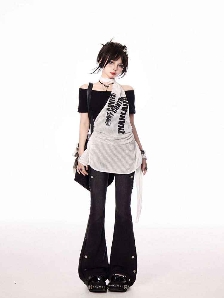 Y2K Black and White Letter Two-pieces Print Halter T-shirt