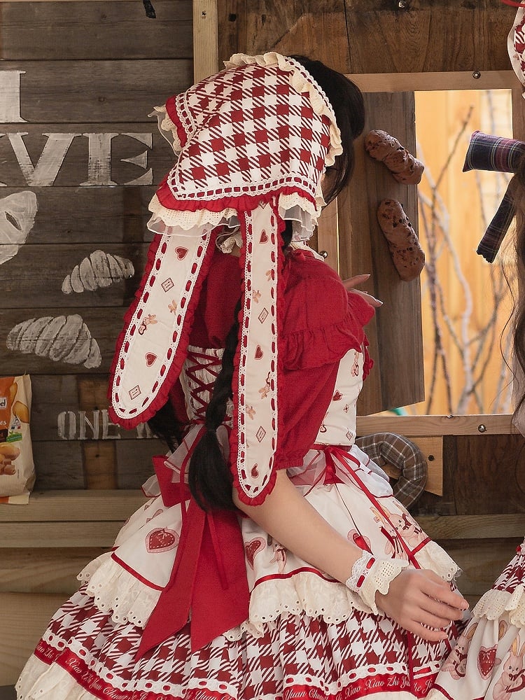 Triangle Pattern Plaid Red Scarf with Ears Bunny