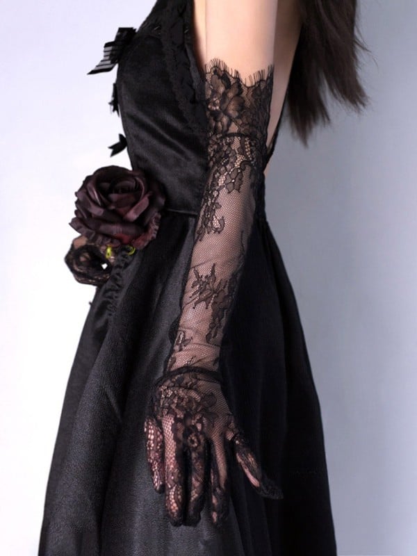 Design Hollow-out Gloves Black/White Lace