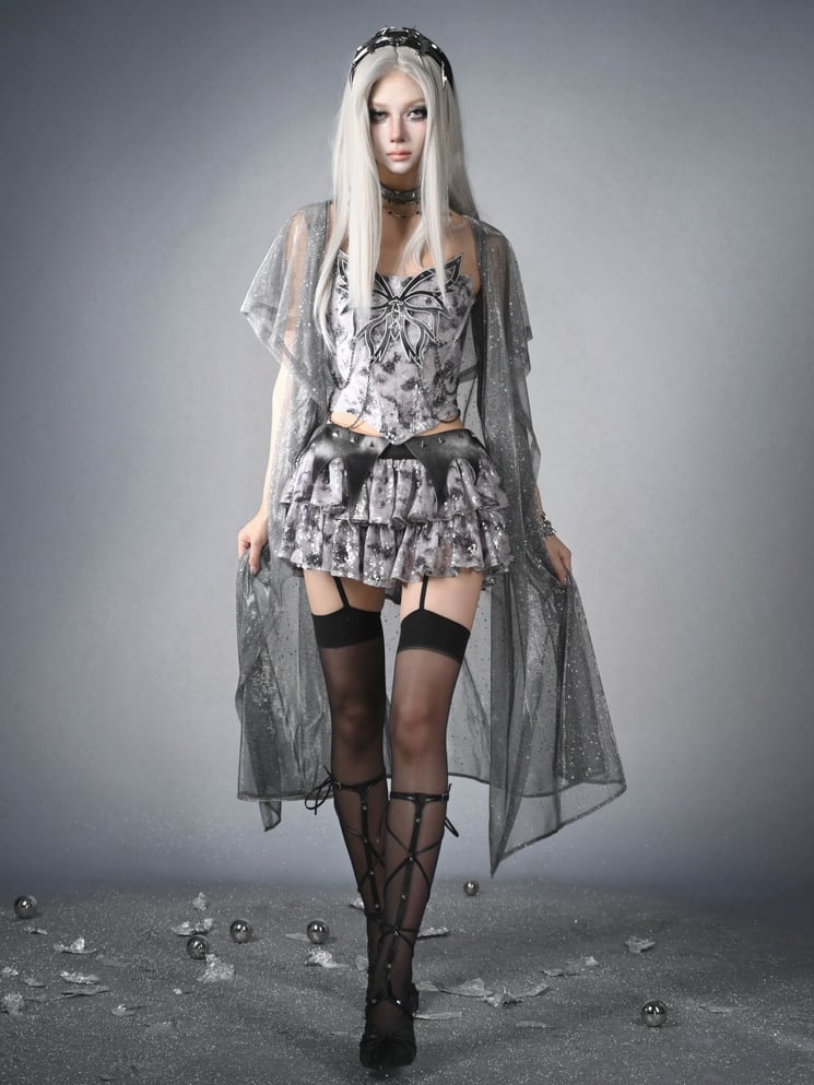 Fashion Waistband Skirt Low Y3K Waist Bat Wing Detail Sequins Tiered Cyberpunk Futuristic Silver Gray