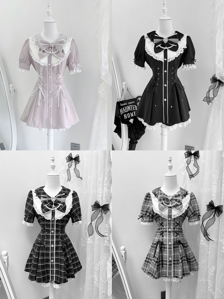 Mini Dress+Shorts Jirai Black Lace-up Plaid Set Embellished Details Kei Waist Rhinestones