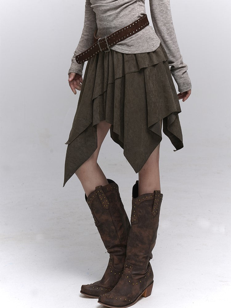 Brown Hem Millard Suede Wasteland Skirt Handkerchief A-Line Fashion Punk
