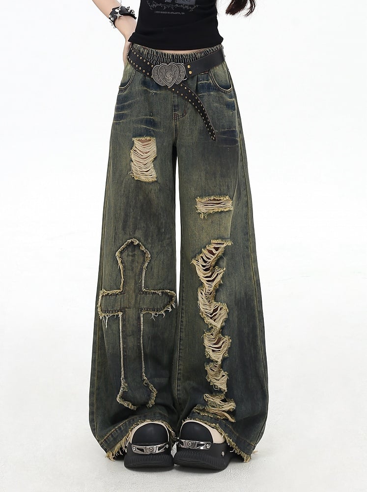 Y2K Cross Applique Blue Distressed Holes Wide-Leg Jeans Vintage