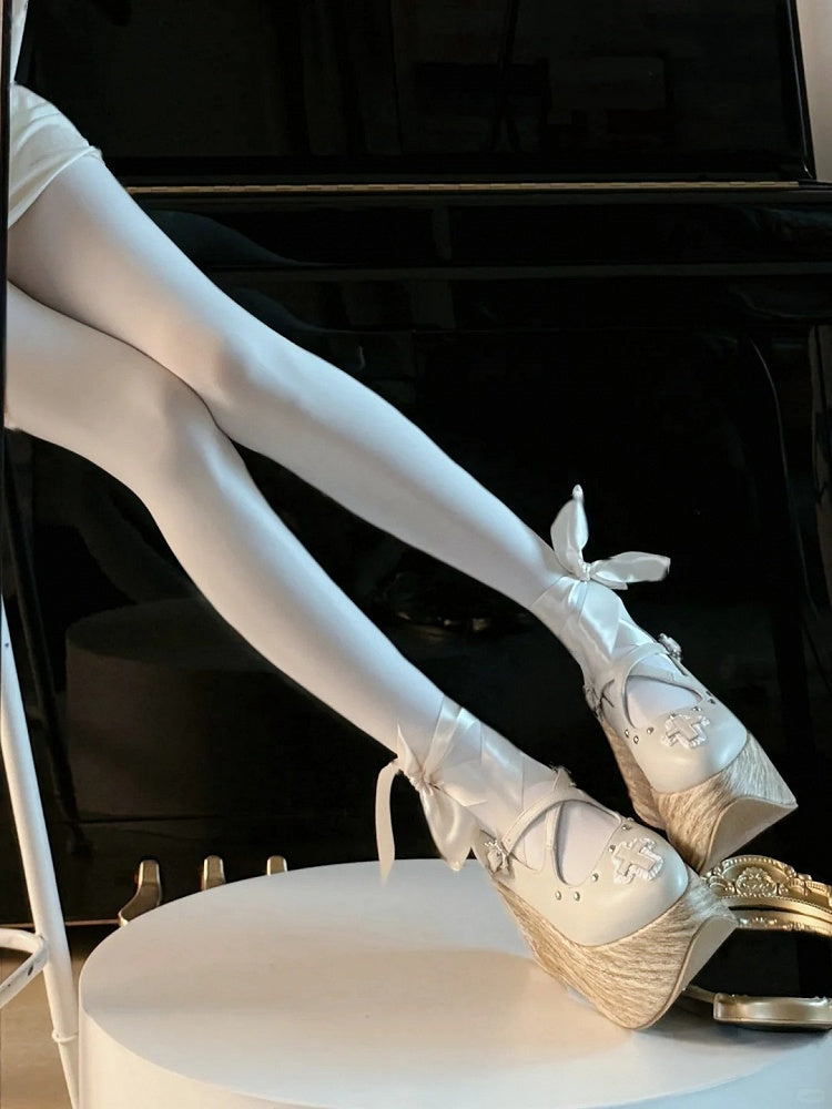 and Cross Gothic Lace-up Platform Shoes with Criss-cross Buckle Strap White Applique