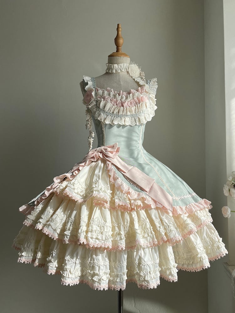 Skirt Waist Pink Jumper Slim Lolita and Fit Tiered Green Elegant