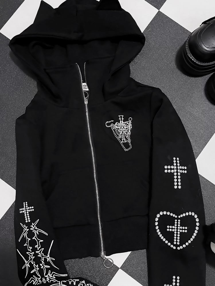 Cross And Bittersweet Kapuzenjacke mit Ohren und schwarzem Katzenherz-Design