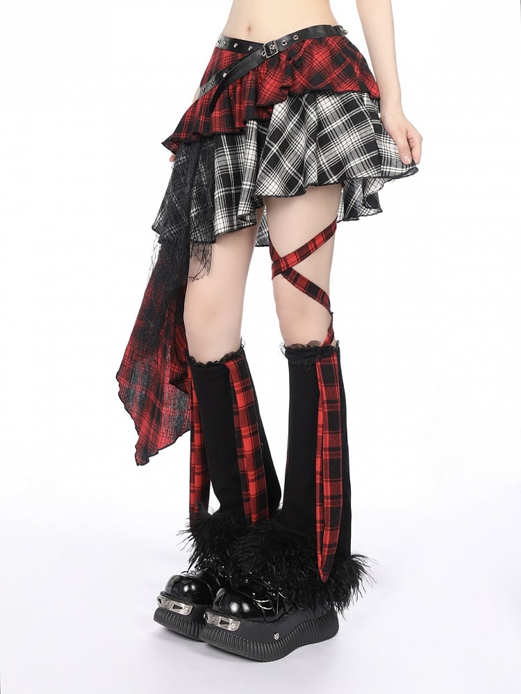 Asymmetrical Red White Plaid Tiered Skirt with Cascading Lace Ruffle Trim
