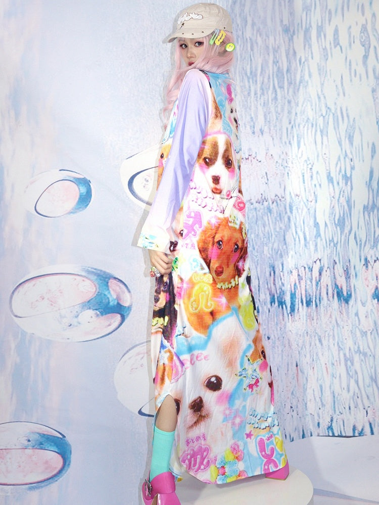 Puppy Coloeful Print Dress Shirt Y2K